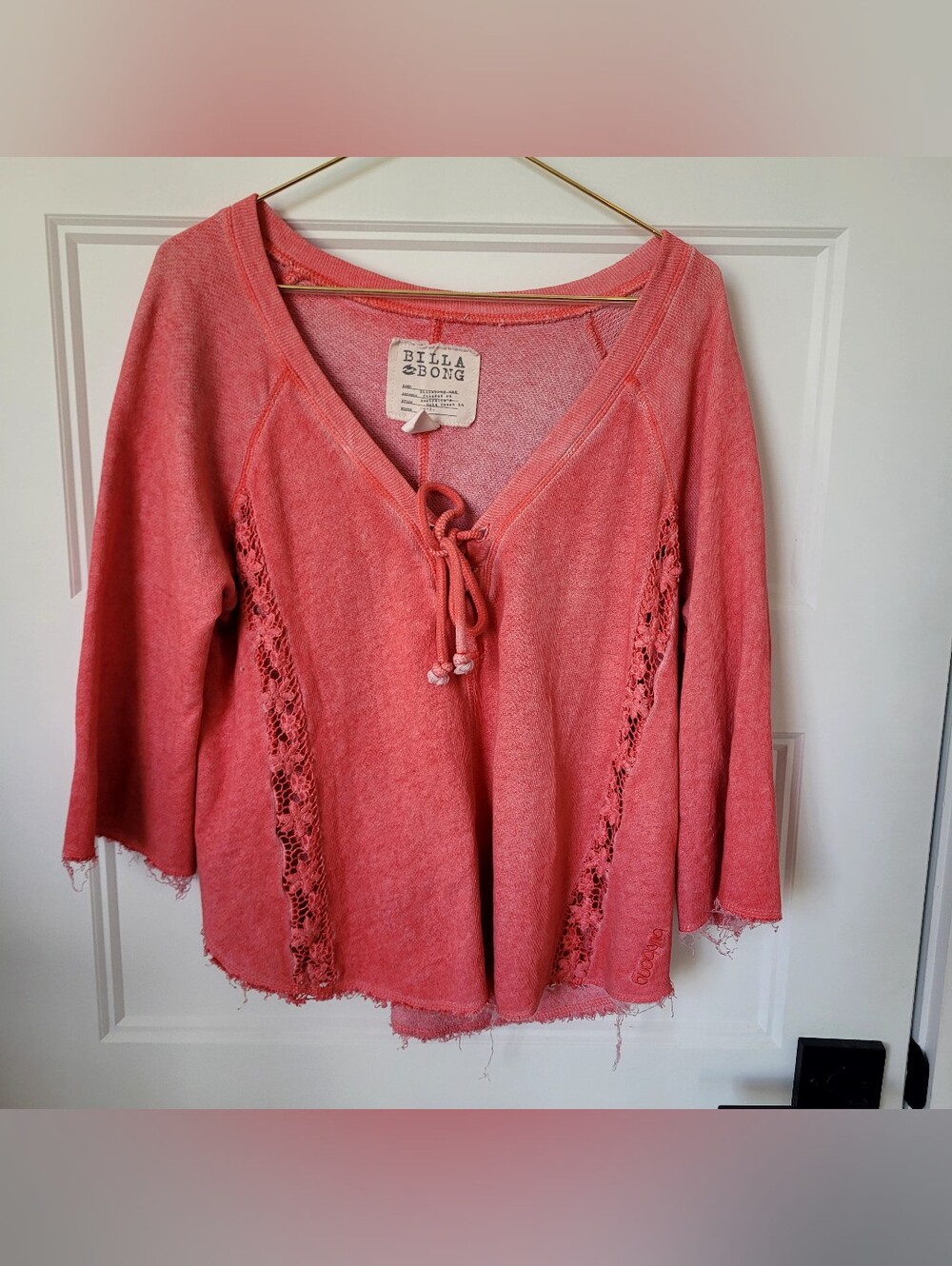 Billabong Coral Boho Lace Up Crochet Sweatshirt Top S 100% Cotton Excellent Cond